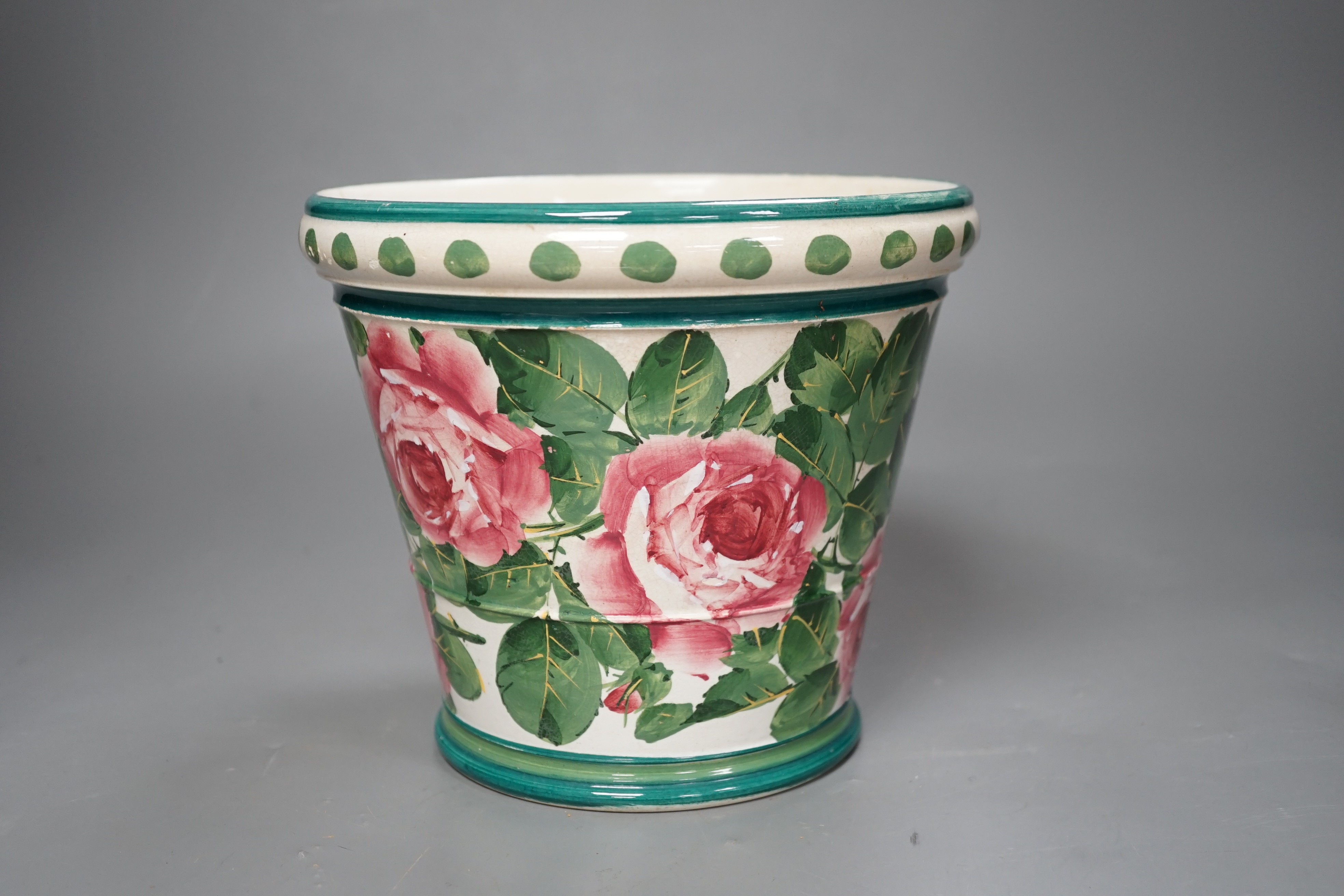 A Wemyss cabbage rose pattern flower pot (cracked), 17cm high